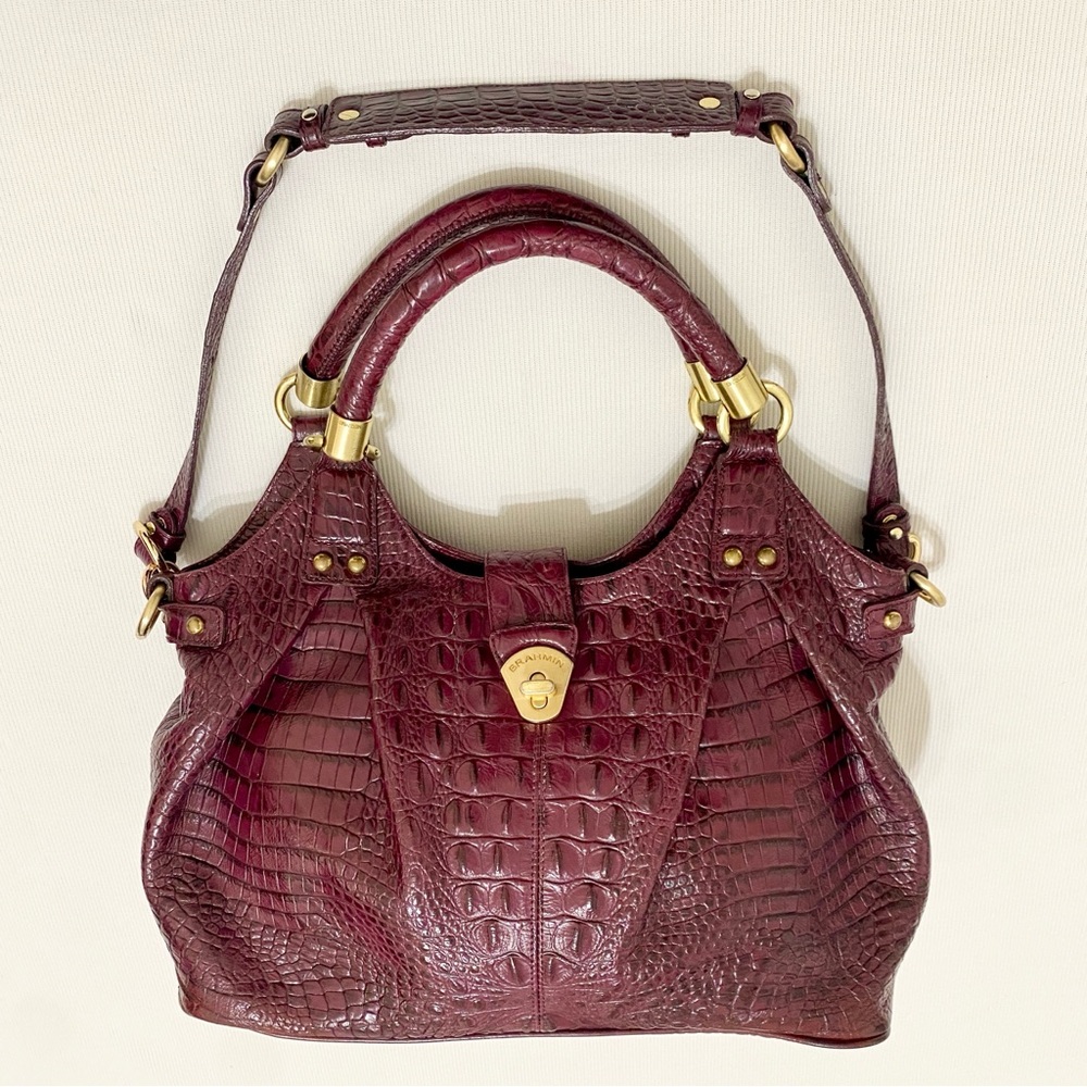 Brahmin Dagny Hobo Satchel Purse Leather Embossed Croc Wine Red Purple